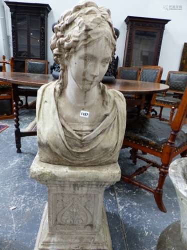 A COMPOSITION BUST OF A CLASSICAL LADY WITH RIBBON TIED HAIR. H 53cms. TOGETHER WITH A SQUARE