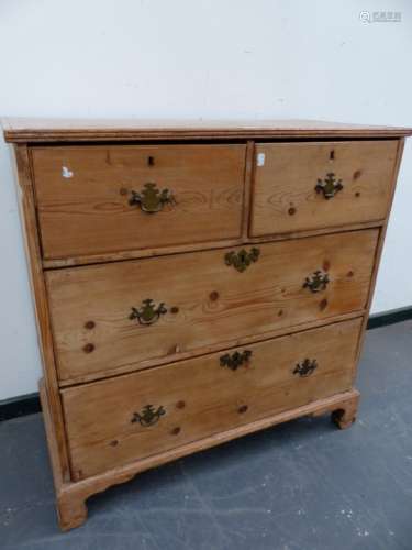 A VICTORIAN PINE CHEST OF TWO SHORT AND TWO LONG DEEP DRAWERS ON BRACKET FEET. 94 x 45 x H.85cms.