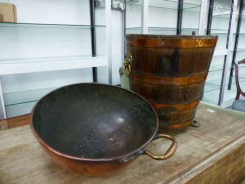 A 19th.C.COPPER MIXING BOWL AND A COOPERED JARDINIERE. (2)