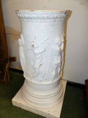 A PAIR OF ANTIQUE TERRACOTTA PEDESTALS CAST WITH PROCESSION OF CLASSICAL FIGURES. BASES 51 x 51cms
