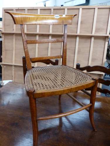 AN INTERESTING 19th.C.SATINBIRCH AND BIRD'S EYE MAPLE CHILD'S BEDROOM CHAIR WITH CANED SEAT.