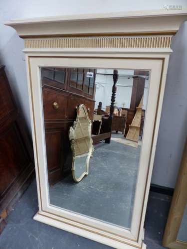 A PAIR OF VICTORIAN STYLE PIER MIRRORS IN CREAM AND GILT PAINTED FRAMES. (2) 84 x 128cms.