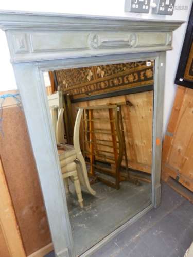 A FRENCH STYLE PAINTED FRAME OVERMANTLE MIRROR. W.106 x H.140cms.