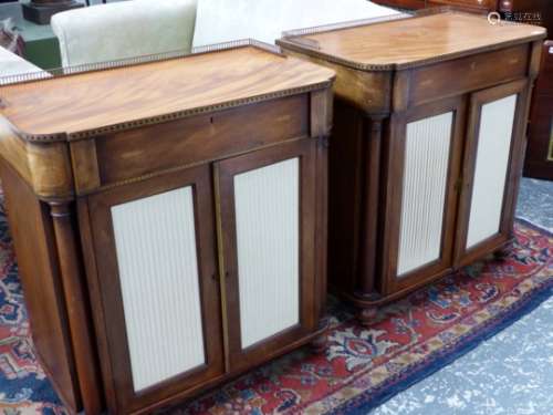 A PAIR OF 19th.C.AND LATER REGENCY STYLE MAHOGANY SIDE CABINETS WITH BRASS GALLERY TOP OVER FRIEZE