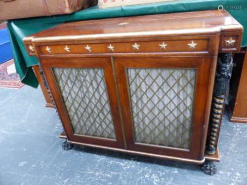 A PAIR OF BESPOKE REGENCY STYLE SIDE CABINETS WITH GRILLE DOORS FLANKED BY EGYPTIAN FIGURES ON