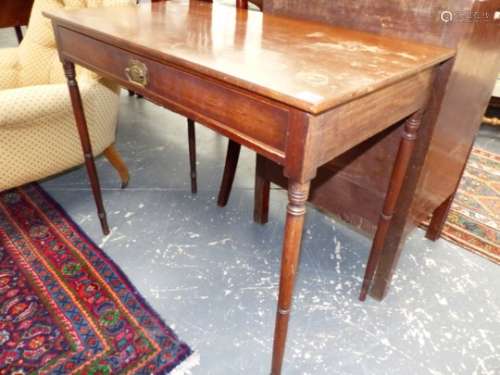 A REGENCY MAHOGANY SIDE TABLE WITH LONG DRAWER ON SLENDER TURNED LEGS. 92 x 49 x H.77cms.