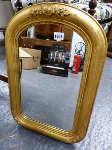 A VICTORIAN ROUND ARCHED TOPPED RECTANGULAR MIRROR. H 53.5 x 36cms. TOGETHER WITH A LATER