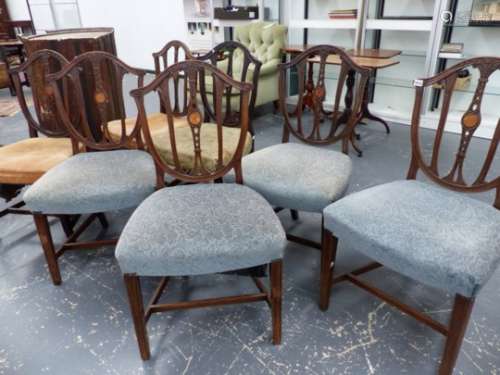 A HARLEQUIN SET OF SEVEN 19th.C.MAHOGANY AND INLAID CARVED BACK DINING CHAIRS ON SQUARE TAPERED