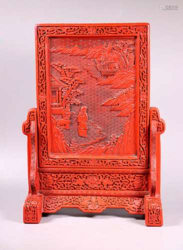 Chinese Porcelain & Red Lacquer Table Screen
