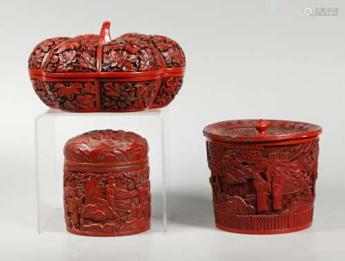 3 Chinese Red Cinnabar Lacquer Boxes