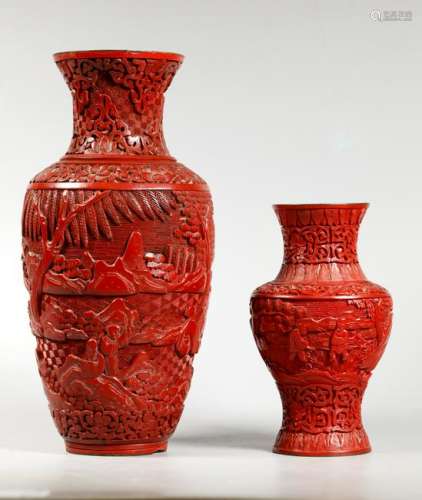 2 Chinese Carved Red Cinnabar Lacquer Vases