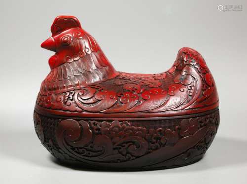 Lg Chinese Red Lacquered Composition Chicken Box