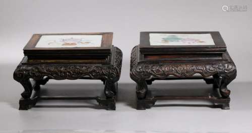 Pr Chinese 19 C Hardwood Sq Stands Porcelain Inlay