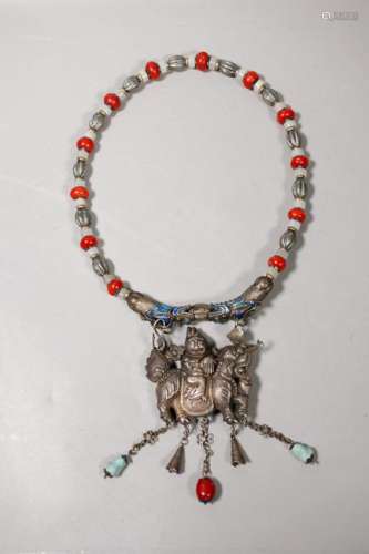 Chinese 19 C Silver Pendant & Bead Necklace