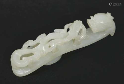 Chinese 18/19 C Double Dragon White Jade Belt Hook