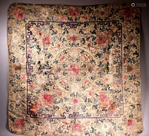 Chinese Imperial 18C Embroidered Silk Pillow Cover