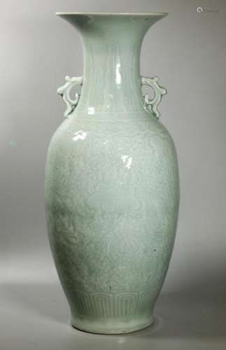Chinese 18/19 C Carved Celadon Porcelain Lg Vase
