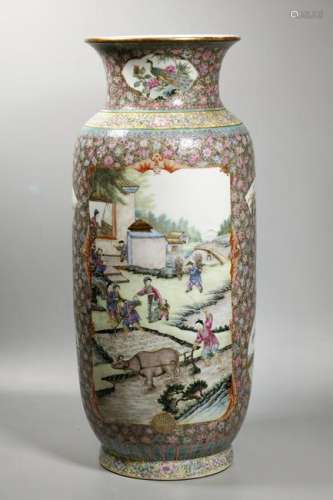 Chinese Jingdezhen Lg Enameled Porcelain Farm Vase