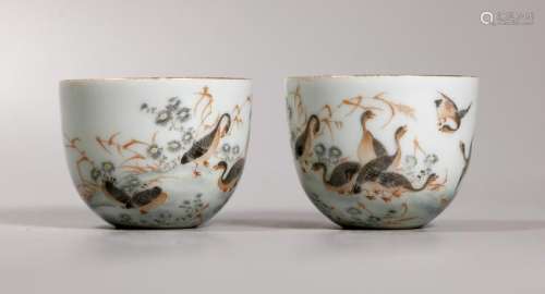 Pair Chinese Enameled Goose Porcelain Cups