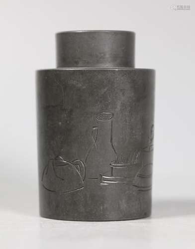 Chinese Incised Pewter Tea Caddy & cover