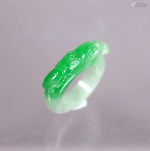 Chinese Carved Natural Green Jadeite Saddle Ring