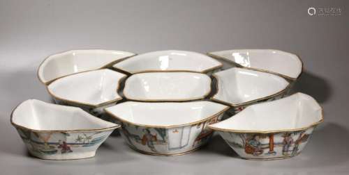 Chinese 19 C Enamel Nine Bowl Porcelain Dinner Set