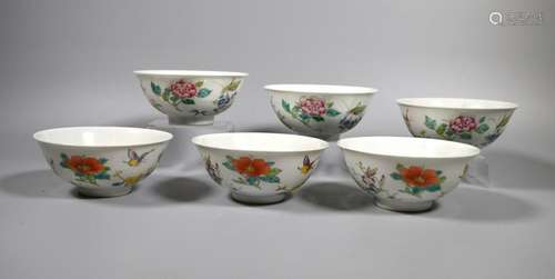 Fine Set 6 Chinese Fencai Enameled Porcelain Bowls