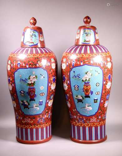 Pr Chinese Large Cloisonne Temple Vases & Covers