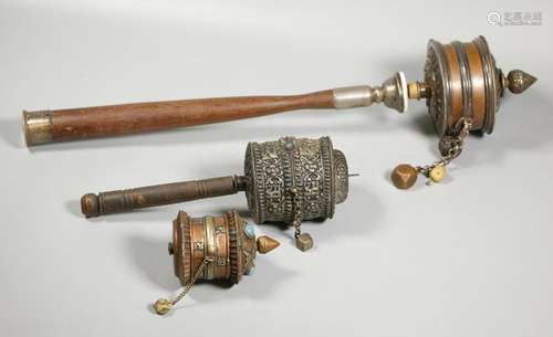 3 Tibetan Engraved Buddhist Hand Prayer Wheels