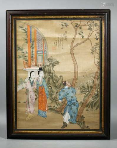 Chinese 19 C Ink & Color Figural Painting on Silk