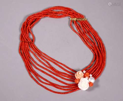 9 Strand Dark Coral Bead 18K Necklace with Roses
