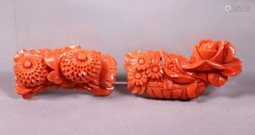 2 Antique Chinese Carved Coral Flower Plaques