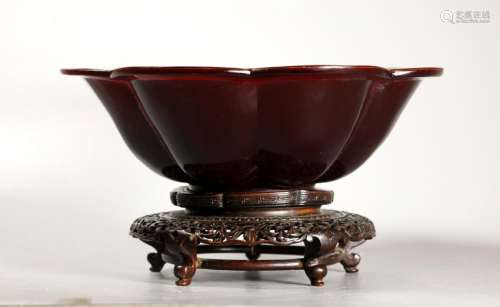 Chinese Ruby Glass Flower Bowl Qianlong Mark