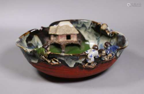 Japanese Sumida Gawa Figural Ceramic Center Bowl