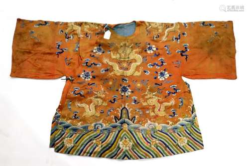 Chinese Qing Embroidered Silk & Gold Dragon Robe