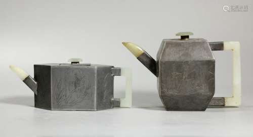 2 Chinese Pewter Covered Yixing Teapots