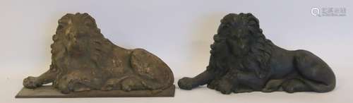 2 Antique Cast Iron Recumbent Lions