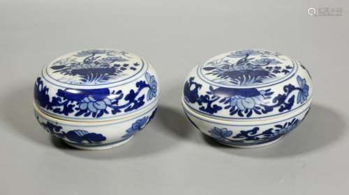 Pr Chinese Blue White Egret Lotus Porcelain Boxes