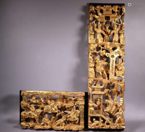 2 Chinese Gold Lacquer Carved Pierced Wood Panels