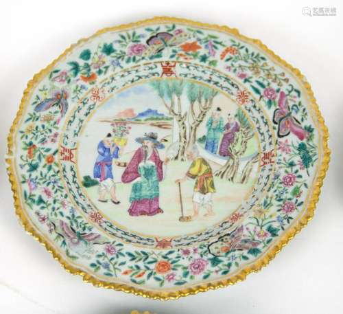 6 Early Canton Enamel Porcelain 'Pie Crust' Plates