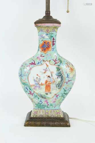 A Famille Rose Turquoise Ground Vase as a Lamp.