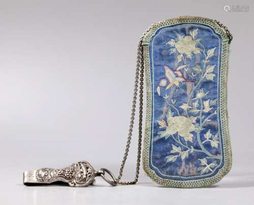 Chinese 19 C Silver & Embroidered Silk Belt Case