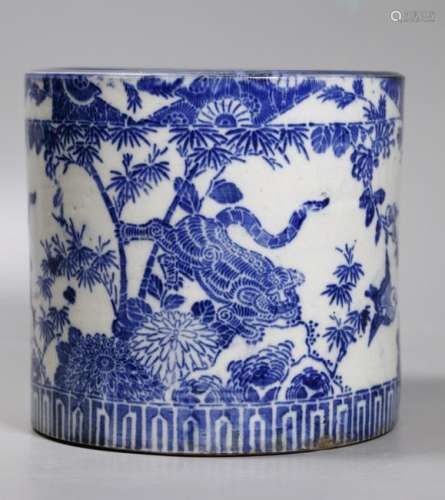 Asian Stencil Underglaze Blue Porcelain Brush Pot