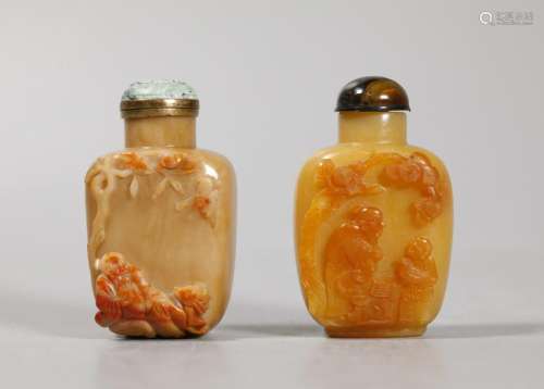 2 Chinese 19 C Carved Agate & Jasper Snuff Bottles