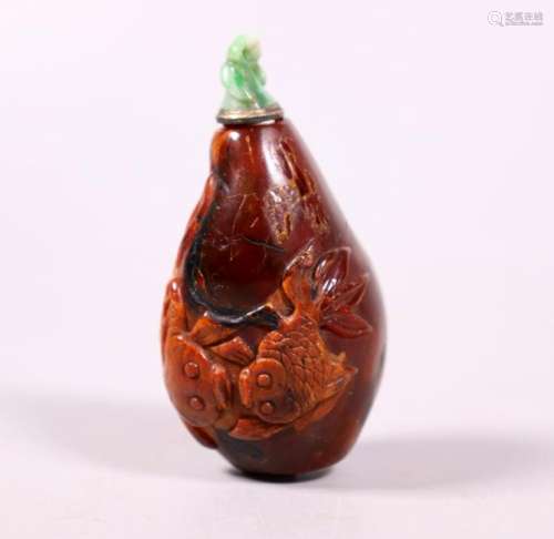 19th C Chinese Carved Amber Goldfish Snuff