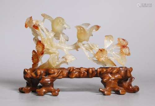 Chinese Agate & Carnelian Bird & Flower Carving