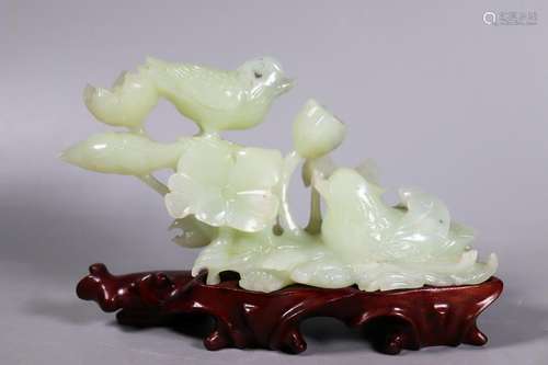 Chinese Jade Carving 2 Birds in Lotus Pond