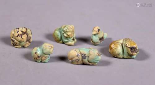 6 Chinese Antique Carved Turquoise Animal Toggles