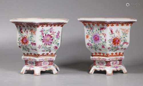 Pair Chinese Enameled Hexagonal Planters & Stands