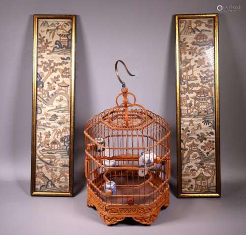 Pr Chinese 19 C Gold & Silk Sleeve End; Birdcage